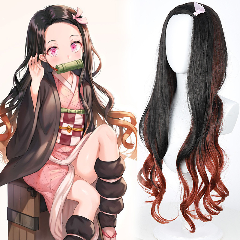 Ghost Extinction Blade Kitchen Door You Bean wig Black Gradient Orange Long Curly Hair Color Crossover Anime cos wig Spot