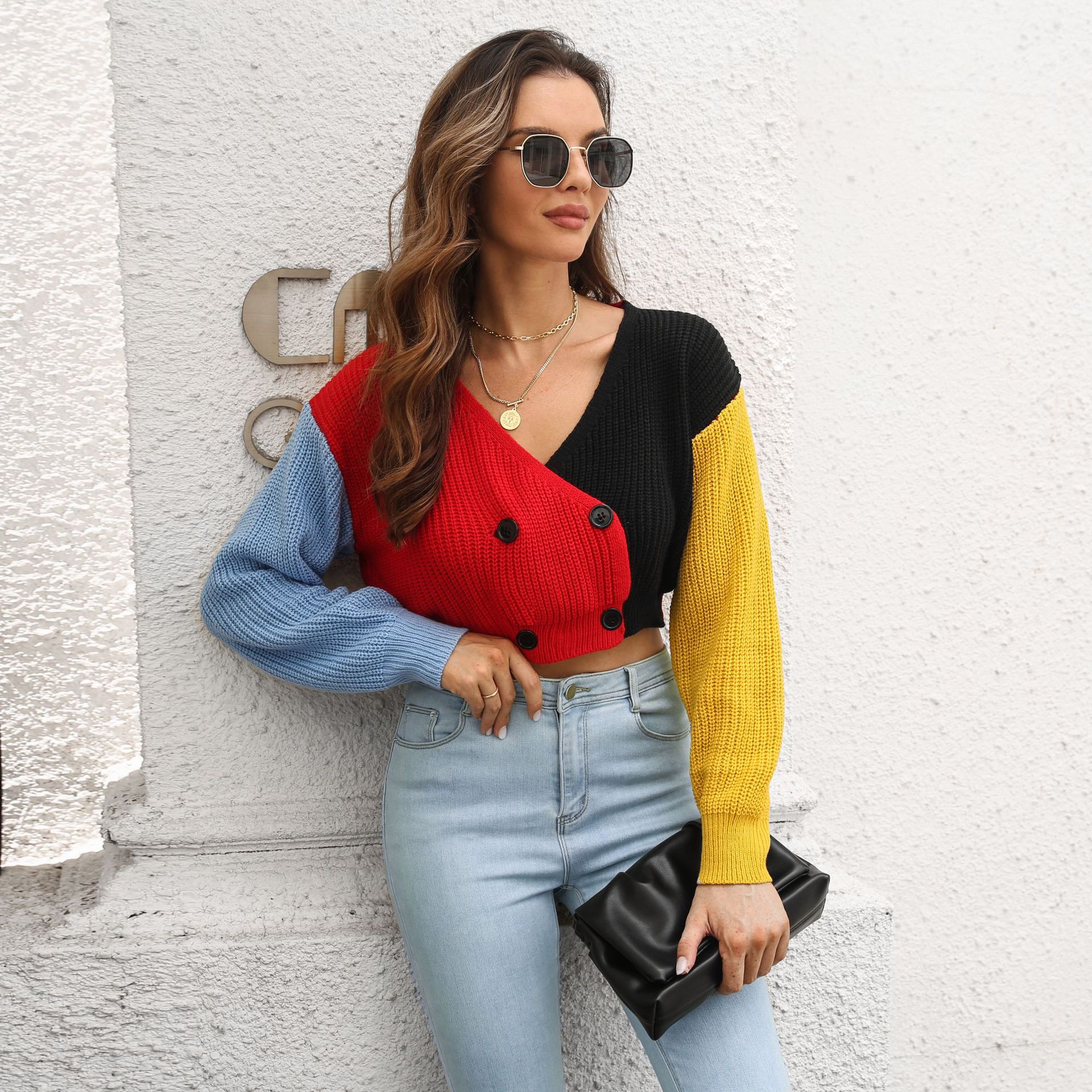 Double Breasted Stitching Contrast Color Knitted Sweater Cardigan Cropped Coat Women Long Sleeve Autumn Winter Women