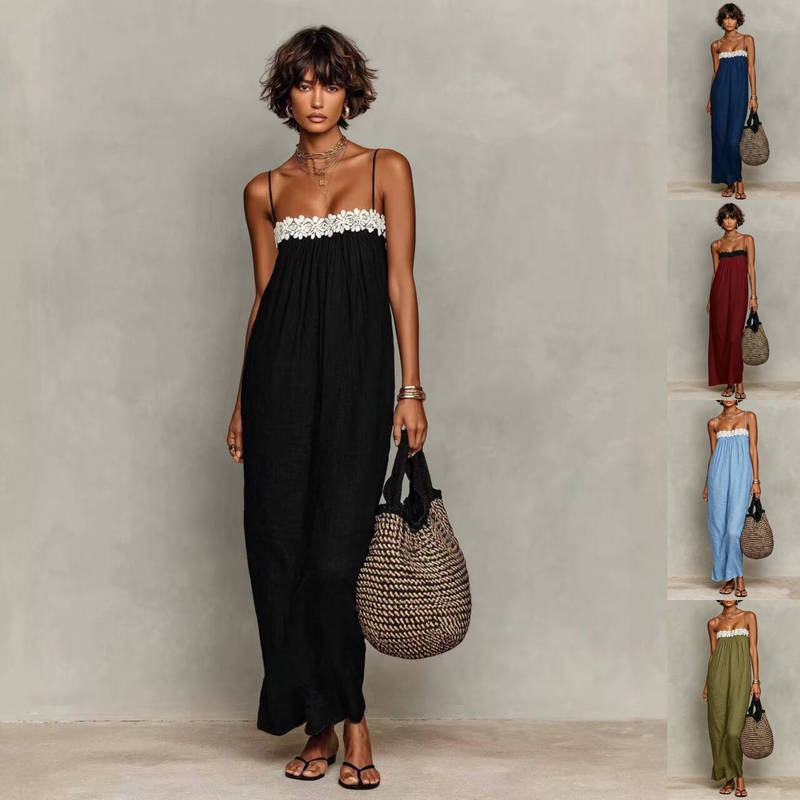 In-Stock 2026 Cross-Border Independent Site Summer New Lace Patchwork Casual European and American Foreign Trade Spaghetti Strap Dress Women's Clothing