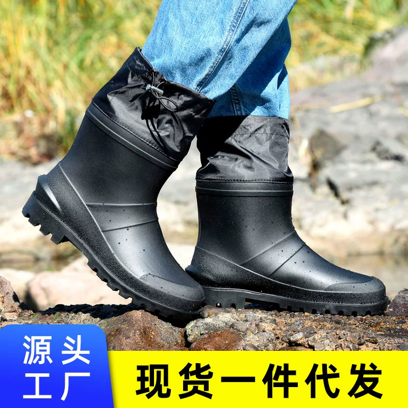 Мужские резиновые сапоги, низкие водонепроницаемые ботинки, нескользящие сапоги для рыбалки, сапоги с флисовой подкладкой, силиконовые сапоги с хлопковым покрытием, низкие резиновые сапоги.