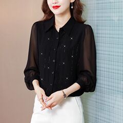 烫钻衬衫女长袖2025年春秋季新款纯色时尚成熟女性气质雪纺衫衬衣