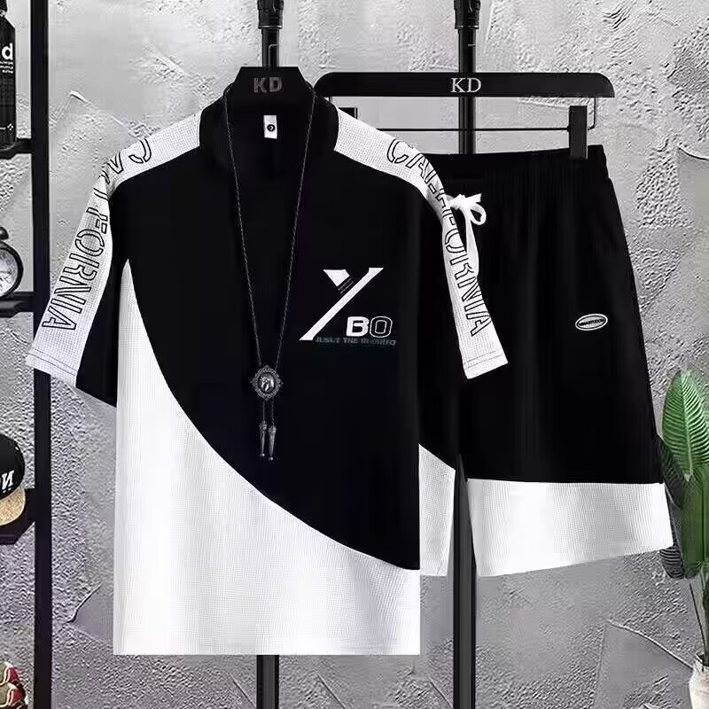 Camisas y menos ropa, pantalones cortos de gofro, tendencia de verano para hombres, traje deportivo de ocio suelto de cinco puntos