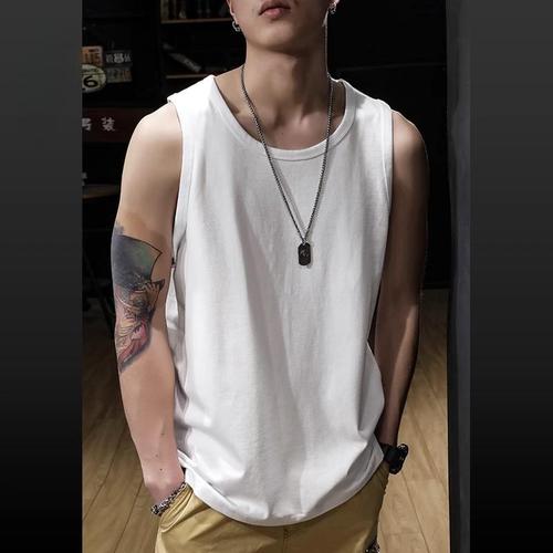 Summer Pure Cotton Heavyweight Solid Color Men's Sleeveless T-Shirt Backless Top Loose Plus Size Men's Kimono Short Sleeve T-Shirt Trendy