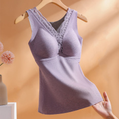 秋冬新款套頭V領發熱德絨保暖內衣帶胸墊無痕修身顯瘦保暖背心女