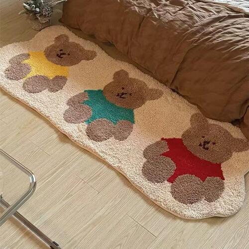 Adorable Bear Cartoon Wool Blend Rugs Bedroom Kids Room Thick Fuzzy Bedside Runner Room Dividing Cool Foot Mat