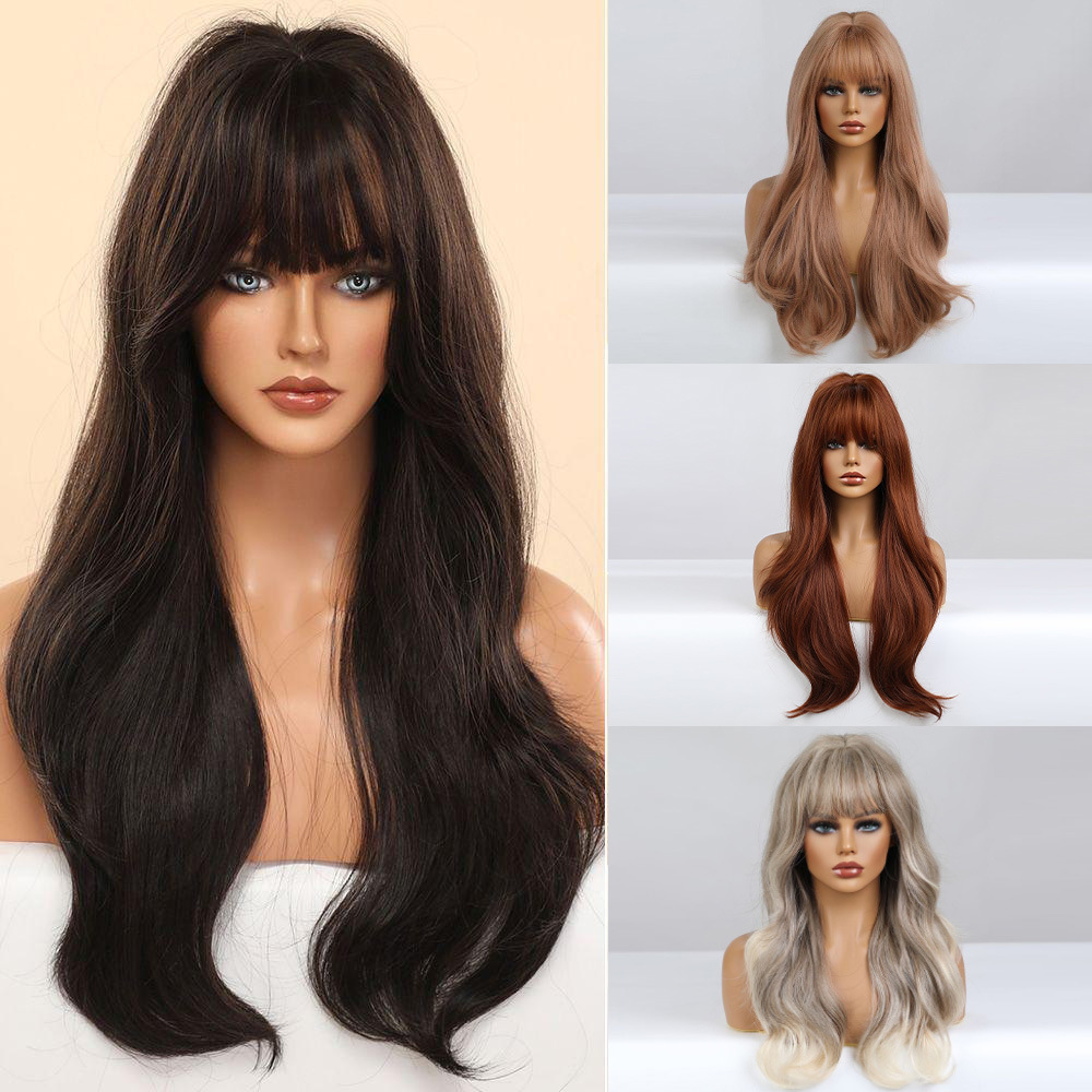 Nueva llegada negro marrón gris multicolor aire flequillo onda grande Pelo Rizado largo europeo y americano peluca femenina cabeza completa cubierta