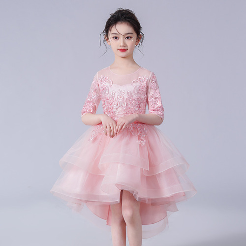 Child's Spring and Autumn Mesh Tulle Train Dress Puff Dress Evening Gown Sleeveless Host Dress Piano Performance Costume