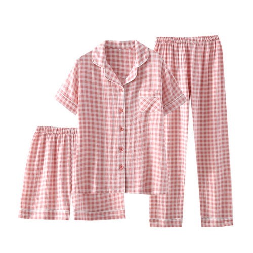 Women's summer gauze three-piece pajamas, simple Japanese plaid spring and autumn pure cotton double-layer gauze home pants, cotton trousers