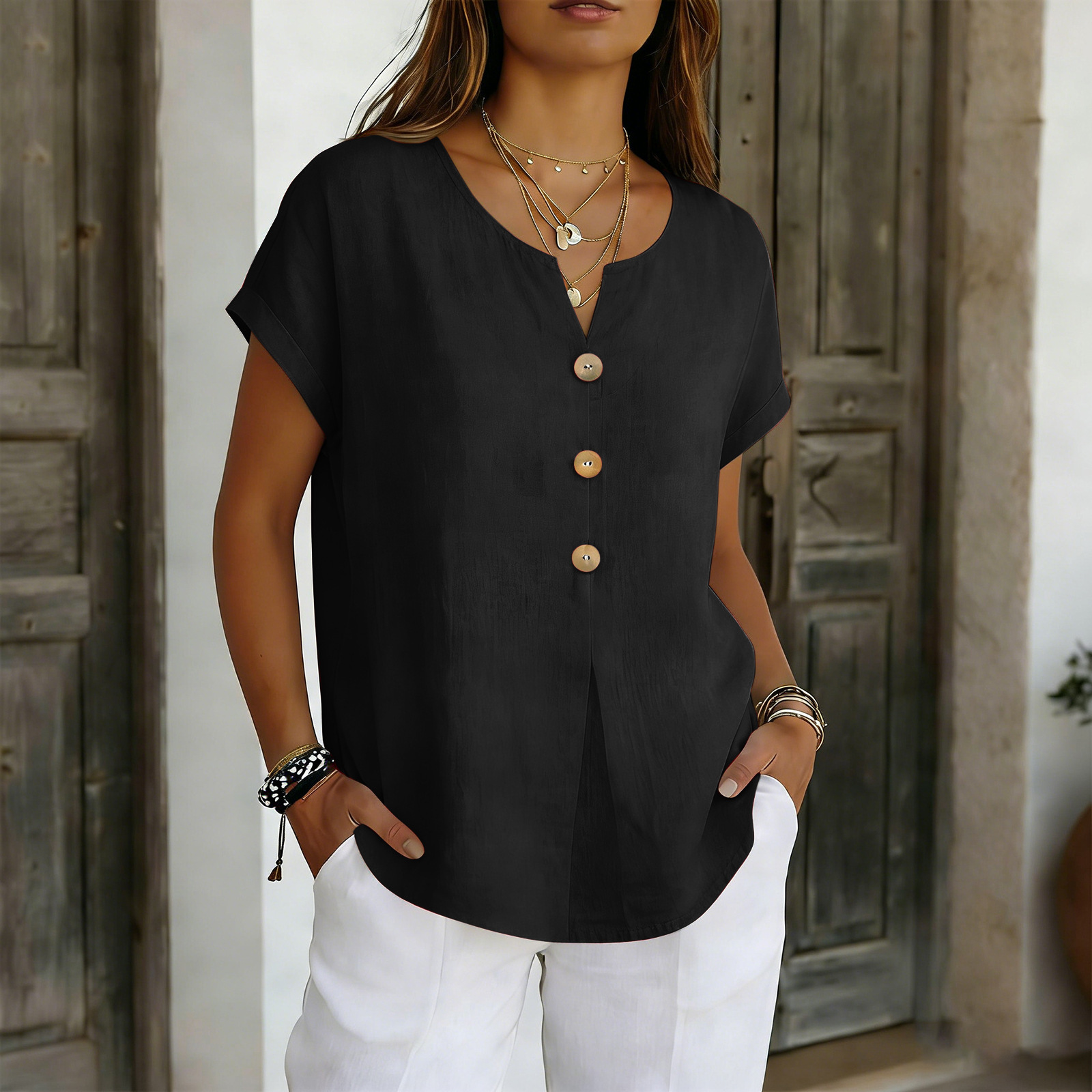 Breathable Button-Front V-Neck Blouse, Loose Fit Short Sleeve Top For Women, Soft Polyester Casual Shirt For Work And Daily Wear_ecoleips.com