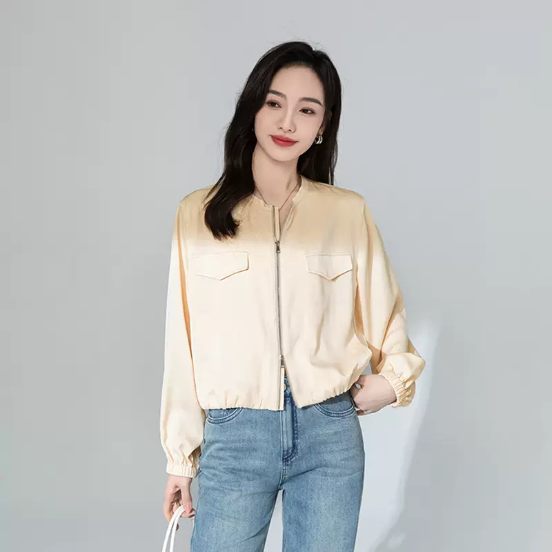 鑫阁光泽感醋酸棒球短外套女2025春季新款小个子韩系休闲短款夹克