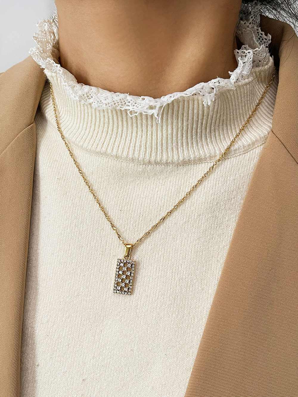 Fashion Square Stainless Steel Plating Inlay Rhinestones Pendant Necklace 1 Piece