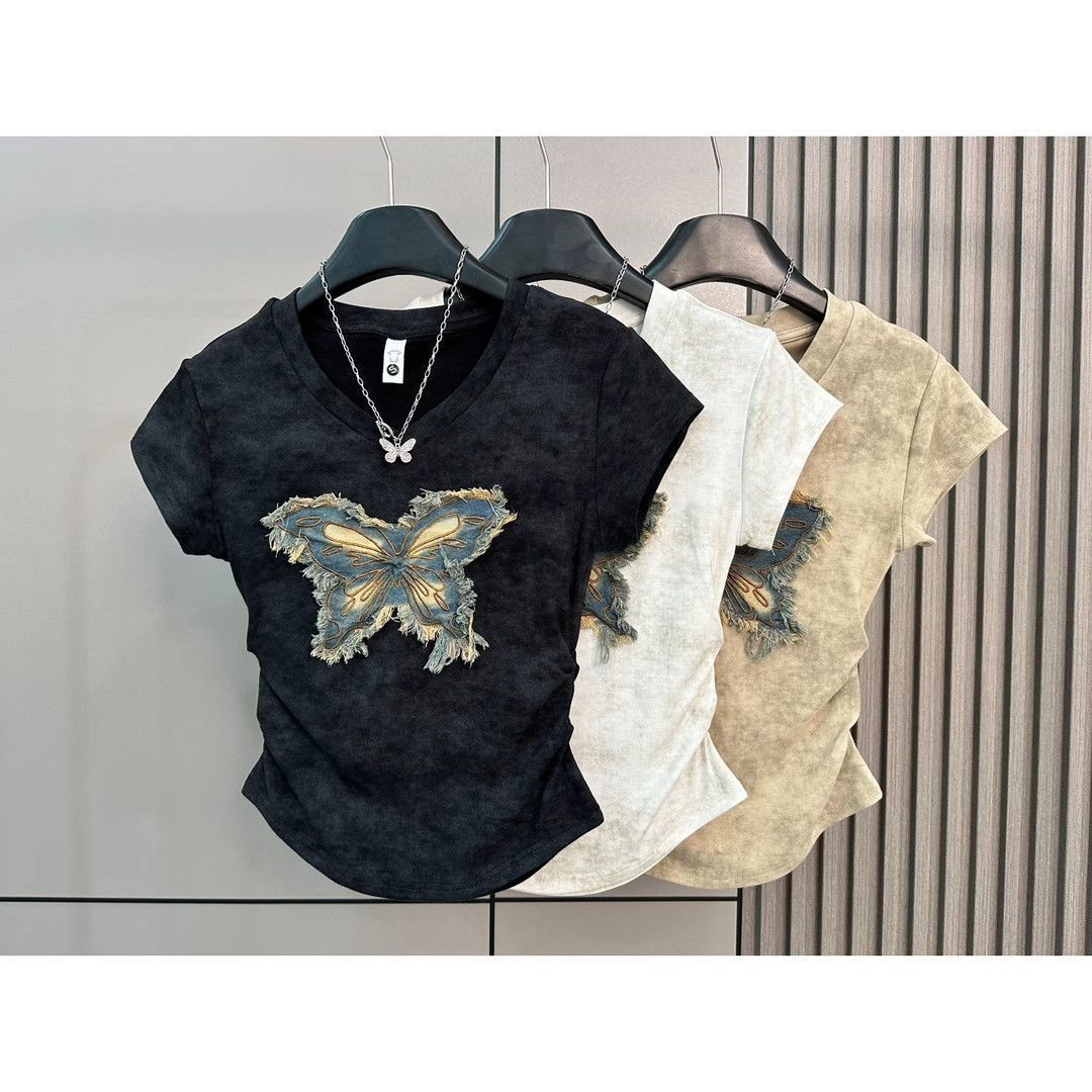 2024 camiseta de manga corta de verano mujer mariposa bordado parche de mezclilla diseño teñido anudado cintura chaqueta corta única image 8