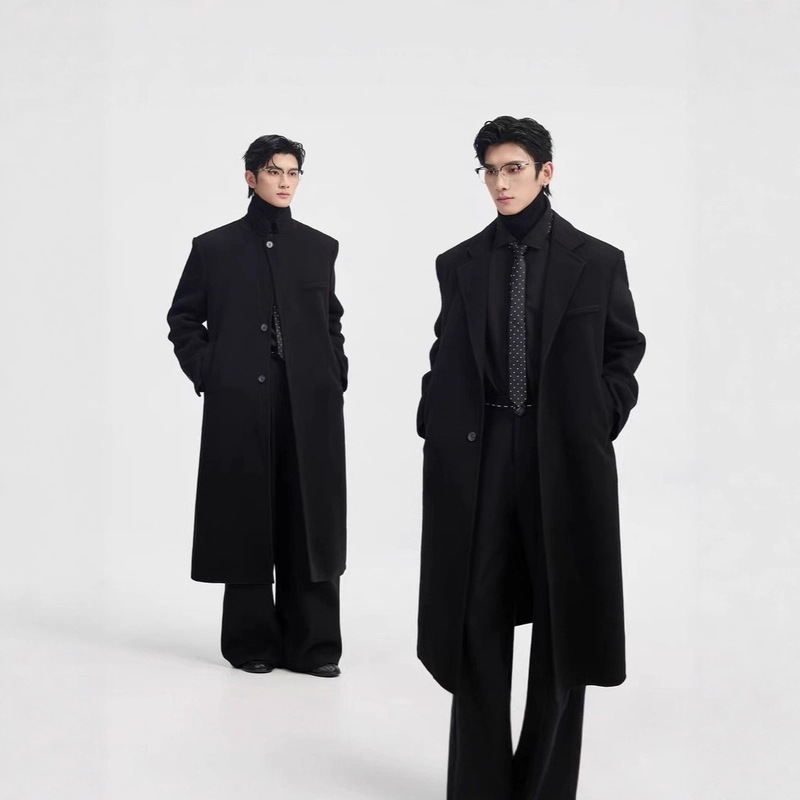 New Men's British Mid-Length Casual Woolen Coat, Trendy and High-End Long Over-The-Knee Coat