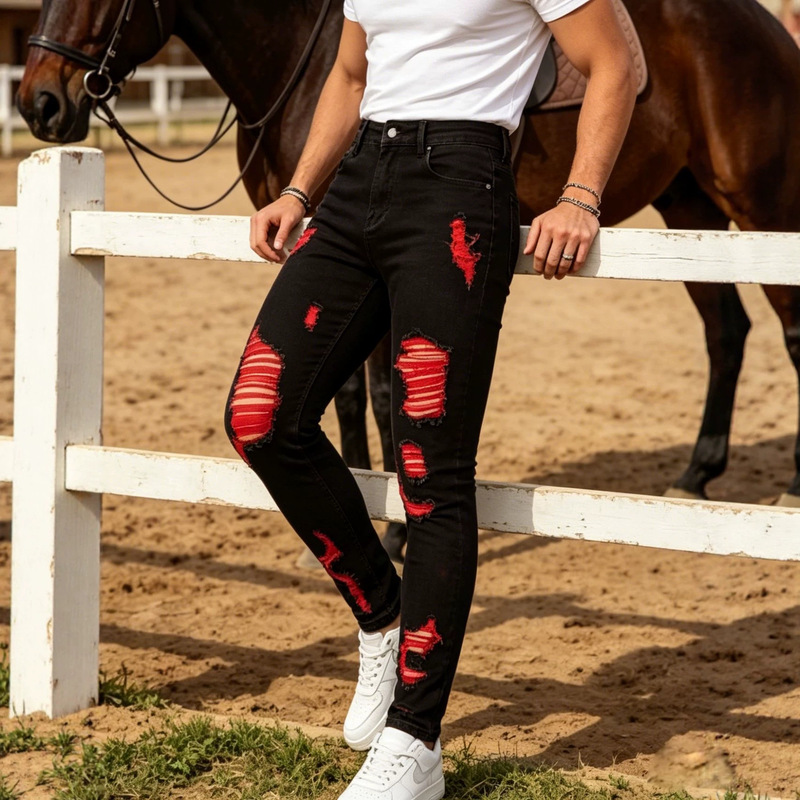 HME European size men's ripped jeans with red lining, patchwork, slim fit, stretchy straight pants TEMU SHIN HME European size men's ripped jeans with red lining, patchwork, slim fit, stretchy straight pants TEMU SHIN