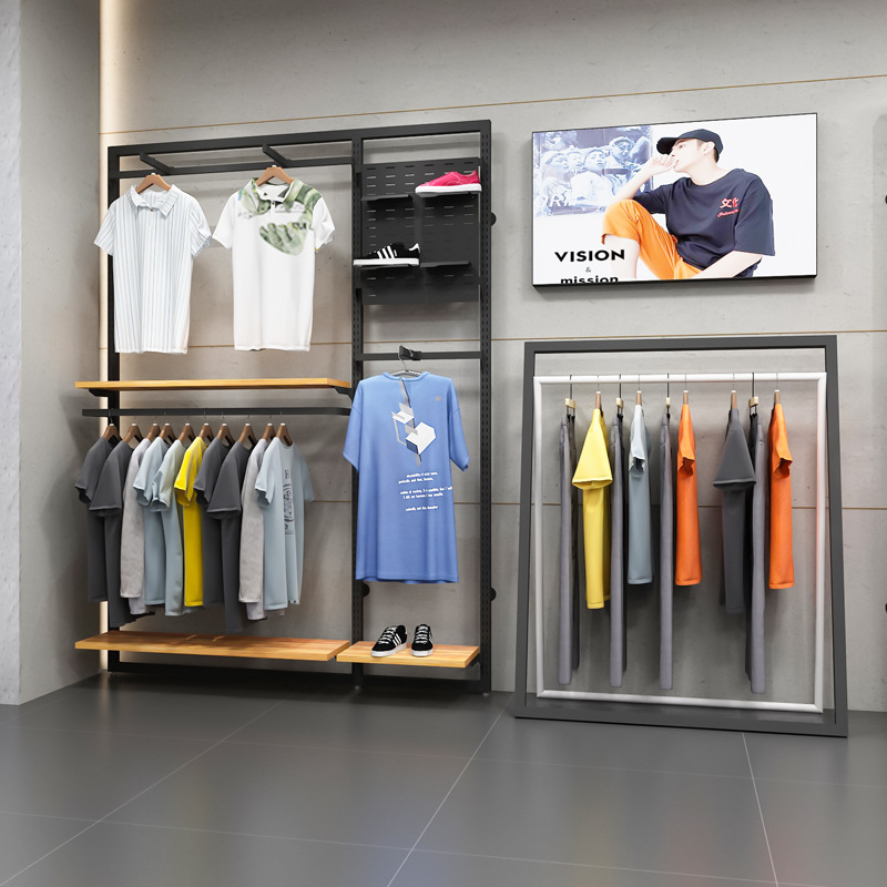 Tienda de ropa deportiva soporte de exhibición piso estante para hombres centro comercial estante de ropa casual de gama alta pared tienda de ropa para hombres