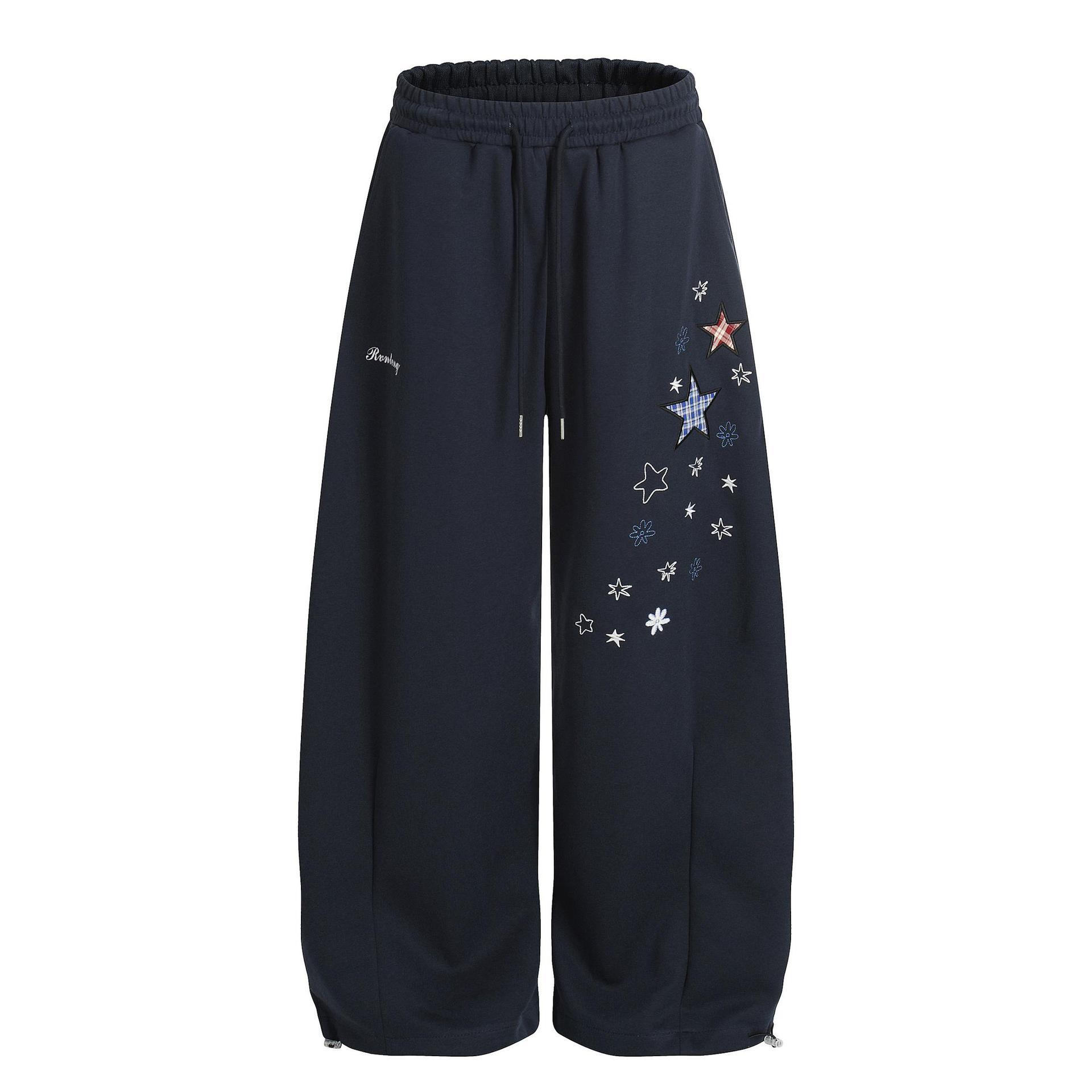 美式复古格子贴布星星弯刀休闲裤女男宽松阔腿bf慵懒风情侣长裤子