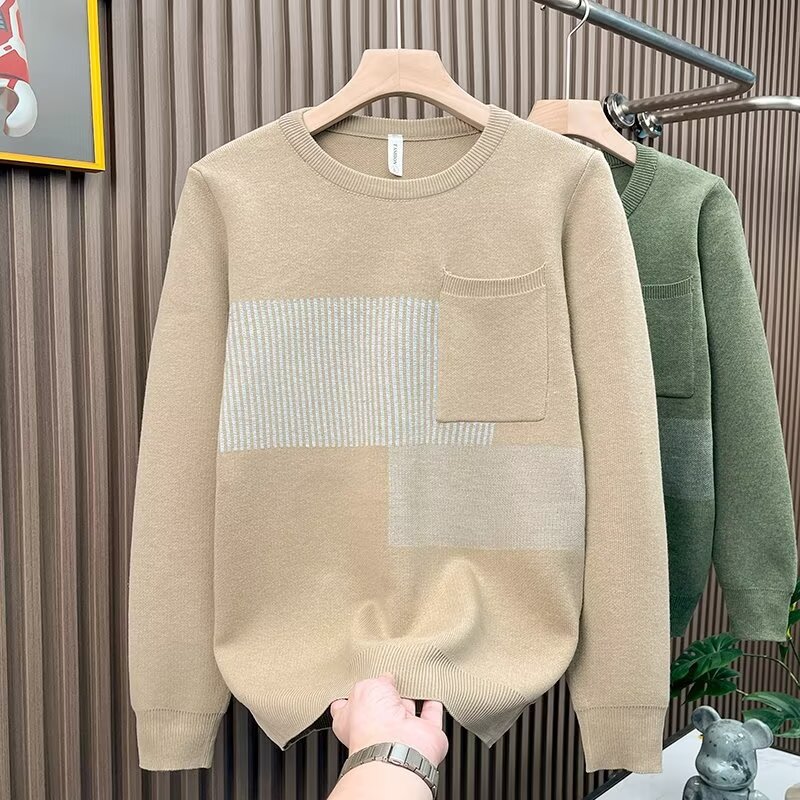 „Gestreifter Herren-Strickpullover mit Farbblockmuster – Trendiger Rundhalspullover, Schwarz/Grün/Khaki, lässiges Langarmshirt für kühlere Jahreszeiten“_voghion.com