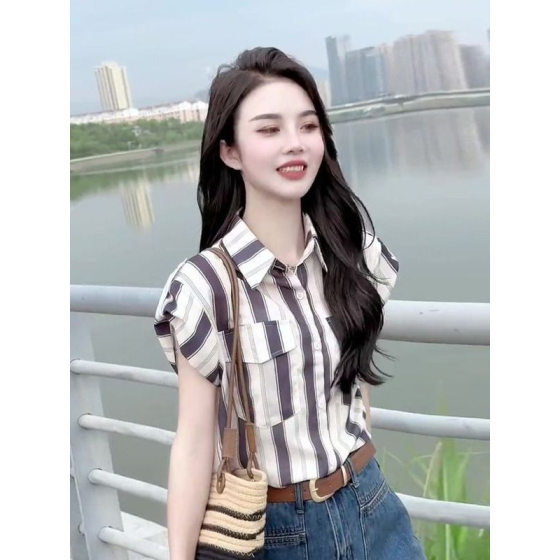 Striped Shirt Women's Summer Short-sleeved Chiffon Shirt 2025 New Design Sense Niche Puff Sleeve Top Thin Shirt for Women