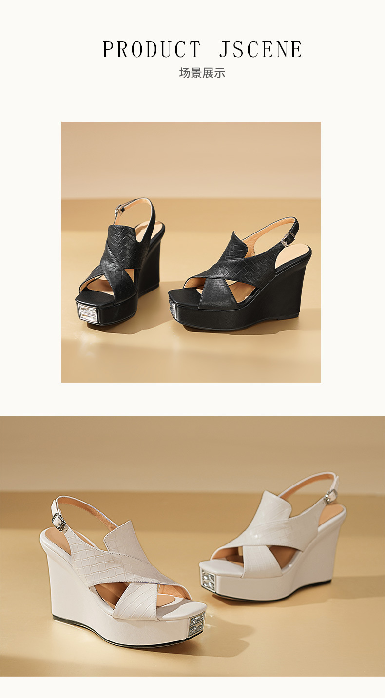 Sandal cao gót nữ mũi hở đế xuồng phong cách La Mã — Màu đen chi tiết 6