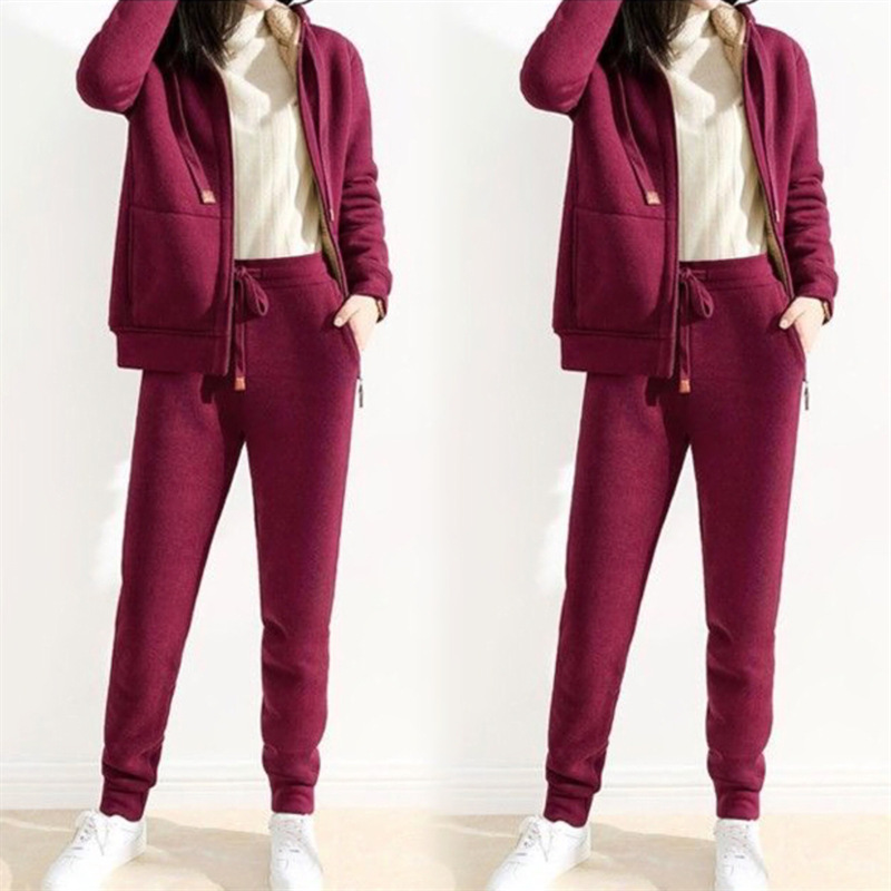 Fleece-lined thickened casual fashion suit women's autumn and winter New slimming hooded cardigan jacket sports pants two-piece suit fashion