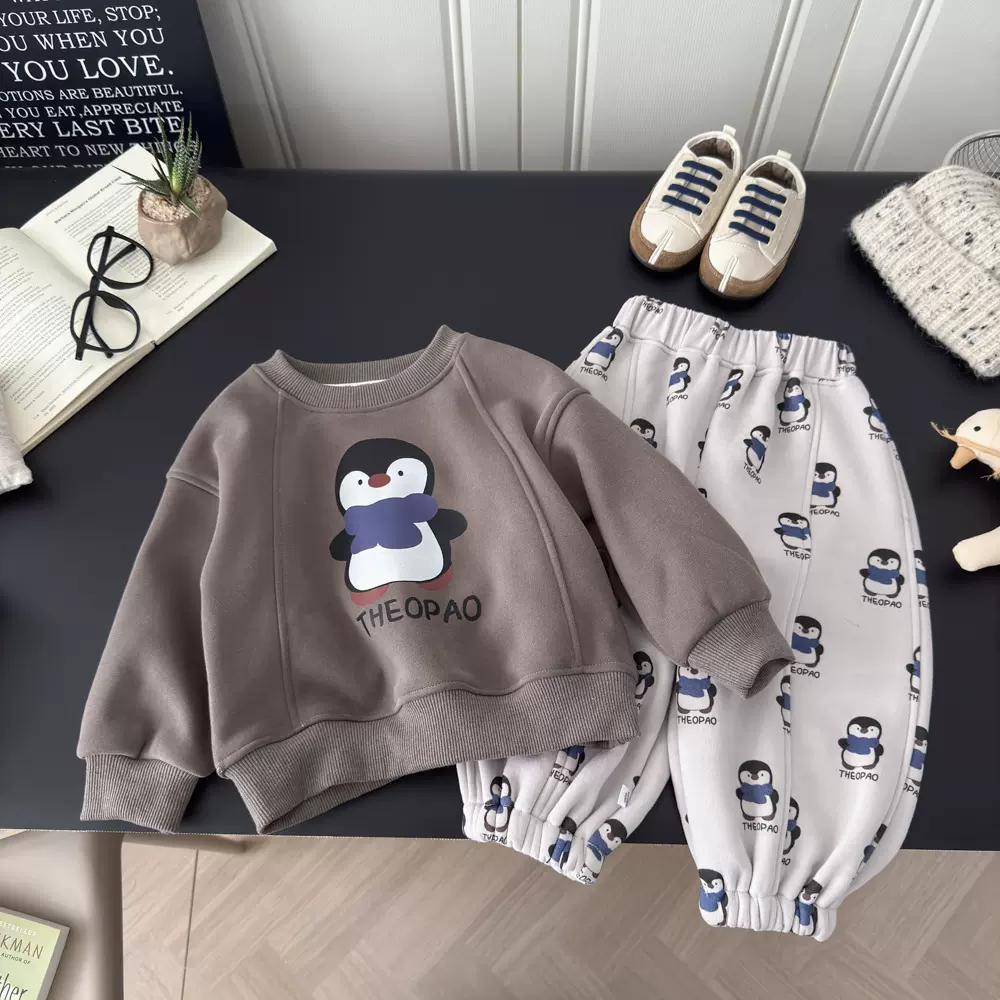 儿童卡通加绒卫衣套装男女宝宝可爱加厚保暖2025冬季新款厚衣服