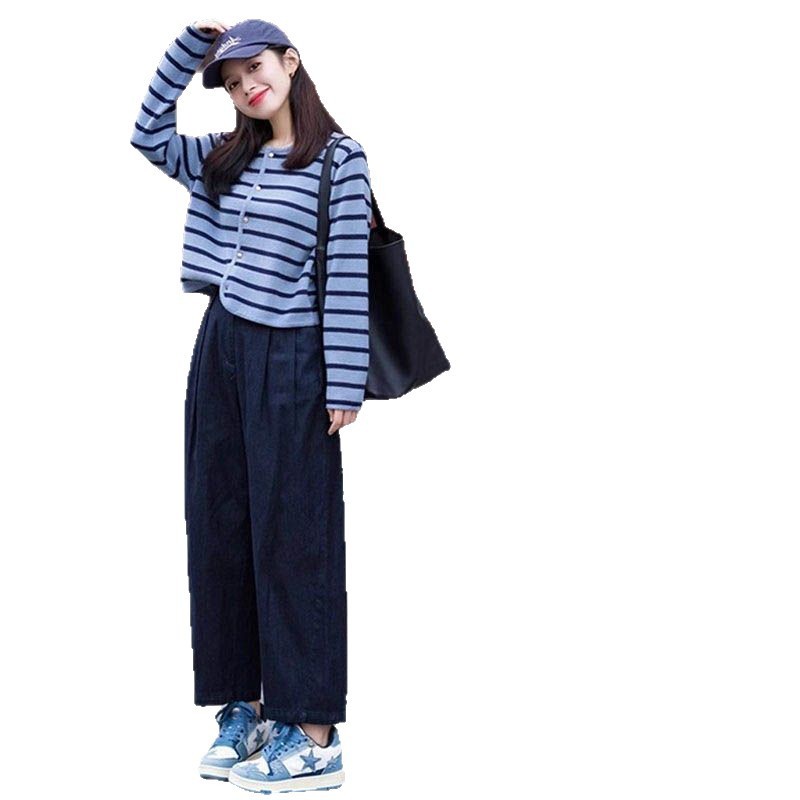 初秋减龄穿搭一整套女韩系慵懒风美拉蓝条纹针织衫阔腿裤两件套装|undefined