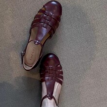 羊皮版~法式复古风镂空编织凉鞋女2025新款圆头平底罗马风女鞋子