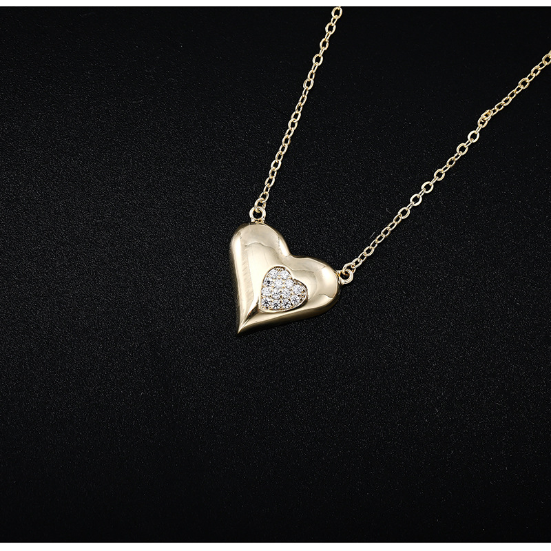 Chinoiserie Heart Shape Copper Plating Zircon Pendant Necklace 1 Piece