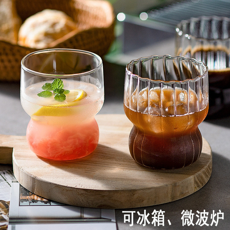 Transparent Glass Ice Cream Cup for Home Use Striped High Borosilicate Glass Oat Milk Breakfast Juice Coffee Cup 