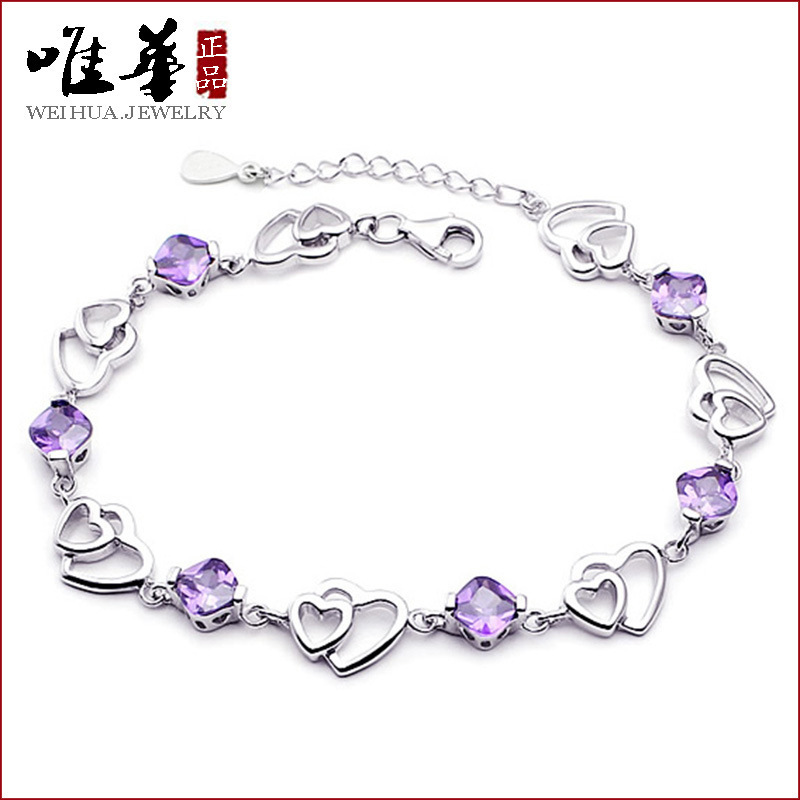 唯华 气质女镀银手链女款 双心紫水晶手链 韩国版女饰品 厂家批发