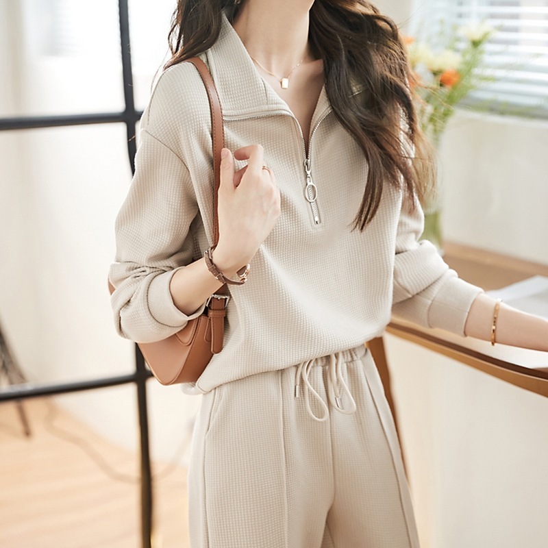 休闲肌理运动服两件套2025秋冬新款简约翻领卫衣松紧腰长裤女套装|undefined