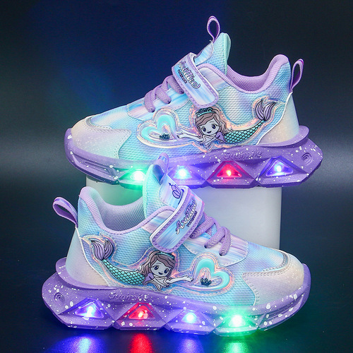 Lighted children's sports shoes 2024 spring and autumn mesh breathable children's shoes for small and medium-sized children princess light casual shoes