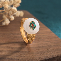Chinese-style vintage ring qipao court Hanfu handmade jewelry enamel craft and Hetian jade vintage lotus ring for women