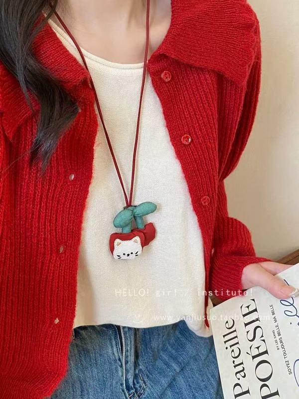 卡通童趣猫咪小狗项链甜美可爱设计感精致百搭布艺小众毛衣链颈链|undefined