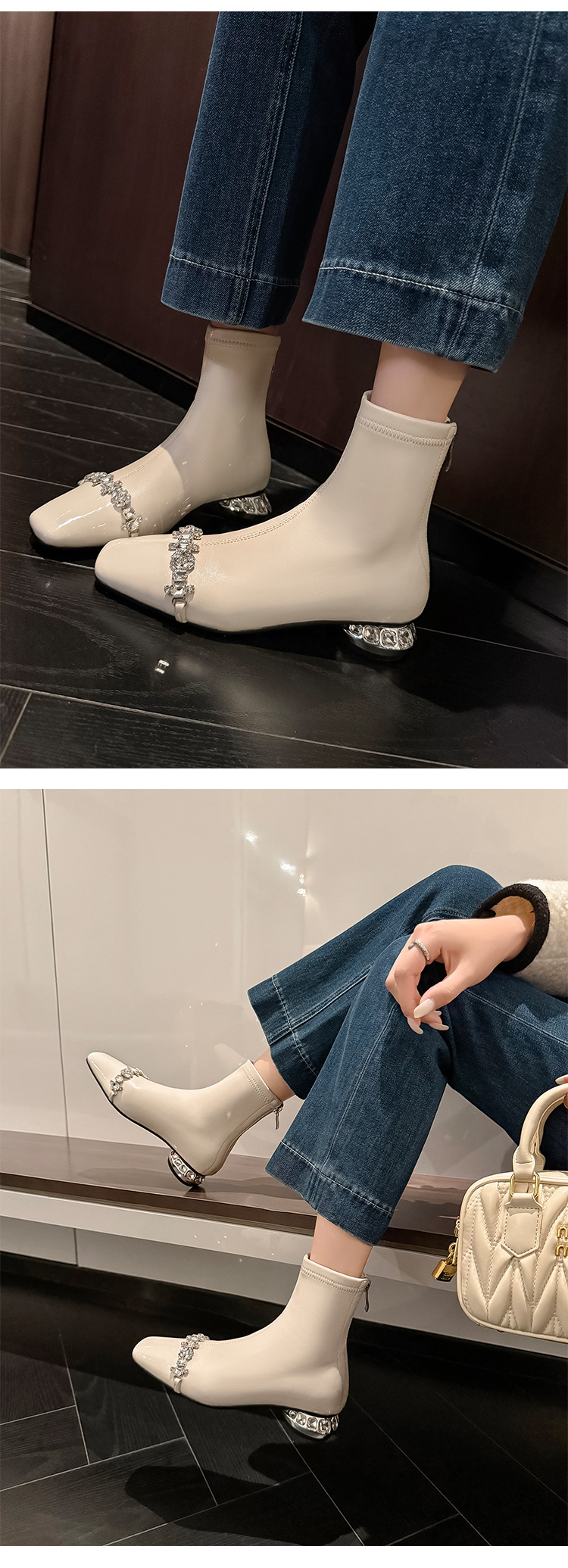 Boot ngắn nữ mũi vuông gót thấp khóa kéo sau chất nhũ đá phong thủy — nhung đen chi tiết 10