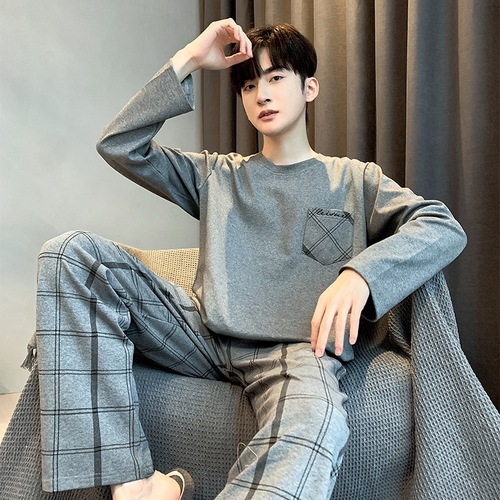 Men's Two-Sided Fleece Winter Warm Thick Hooded Mid-Youth Men's Thin Fleece Home Suit Set Simple