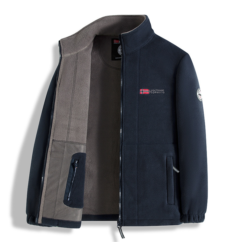 Men's fleece jackets for autumn and winter, thickened and lined with fleece, stand-up collar jackets, warm outerwear.