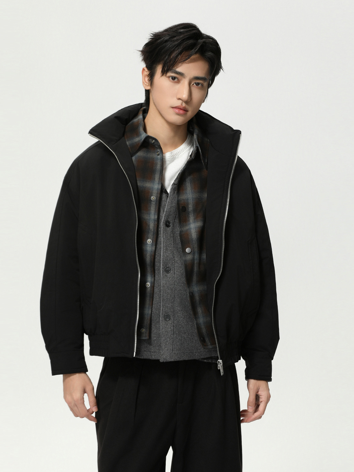 MTLCLOTHES Hombres| Nicho falso de dos piezas camisa a cuadrícula 90% blanco chaqueta con cremallera casual