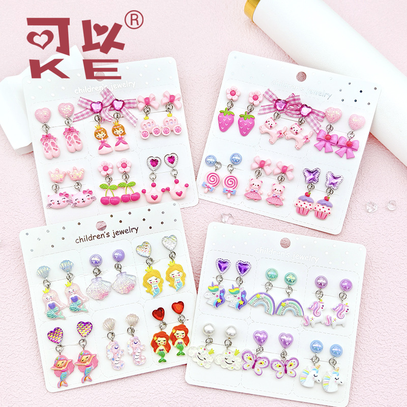 【可以】跨境热销女童卡通无耳洞耳环公主独角兽美人鱼防痛耳夹