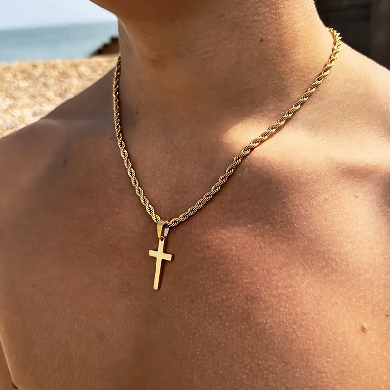 Titanium stalen kruis ketting voor heren met gedraaide schakel_voghion.com