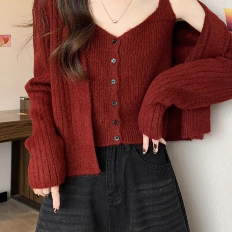 Angola Red Short Knitted Cardigan for Women, Spring and Autumn Inner Sweater Jacket, This Year's New Year Outfit Top Two-Piece Set Angola Red Short Knitted Cardigan for Women, Spring and Autumn Inner Sweater Jacket, This Year's New Year Outfit Top Two-Piece Set