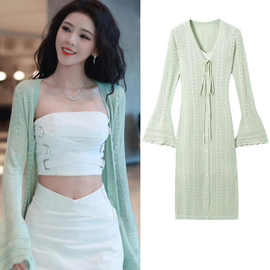 浪姐徐若晗张予曦同款绿色针织开衫外套夏长款喇叭袖防晒空调衫