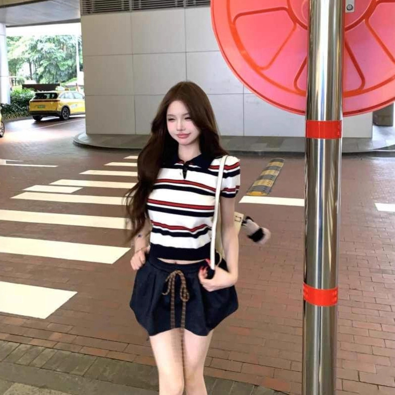 韓国カレッジスタイルレトロコントラストストライプ半袖Tシャツレディース夏小柄右肩ラペルセータートップ|undefined
