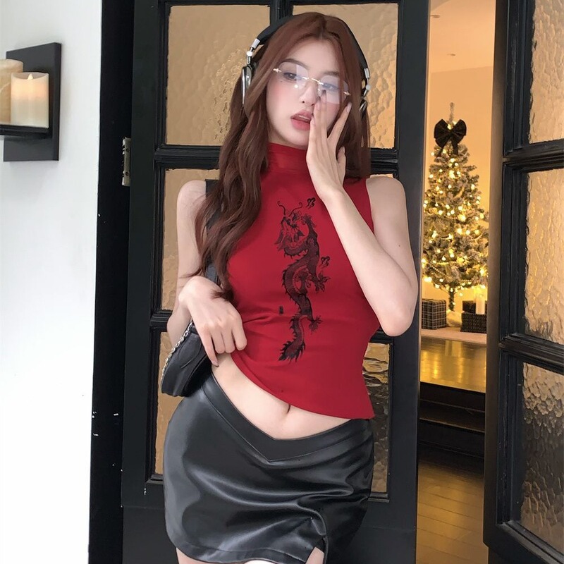 Red Printed Sleeveless High Collar T-shirt Women's Summer Spice Girl Retro I-character Elegant Slim-fit Inner Base Shirt Top
