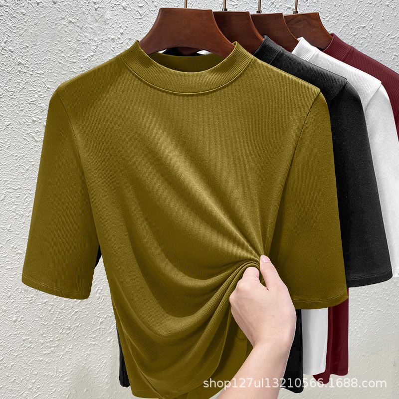 Threaded Short-sleeved Women's T-shirt New Explosions Spring Body Mid-collar Fashion Design Sense Inner Base Shirt Top Threaded Short-sleeved Women's T-shirt New Explosions Spring Body Mid-collar Fashion Design Sense Inner Base Shirt Top