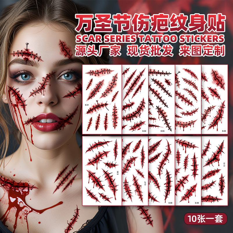 New cross-border Halloween scar tattoo stickers, horror tear and crack wound holiday makeup party temporary stickers New cross-border Halloween scar tattoo stickers, horror tear and crack wound holiday makeup party temporary stickers