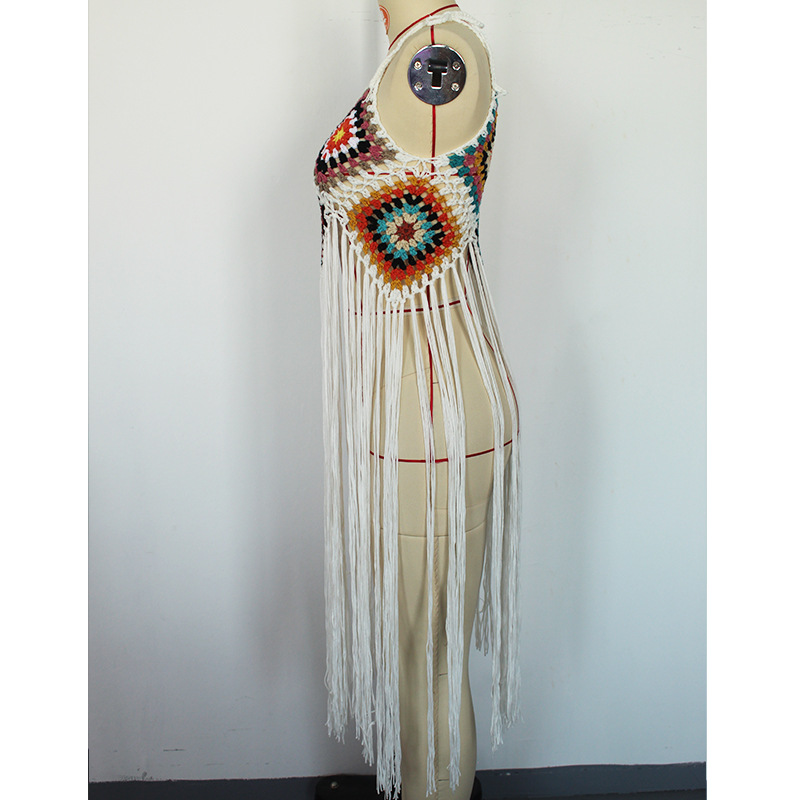 Sexy Hand Crocheting Tassel Mid Length Bohemian White Beach Dress in Dresses