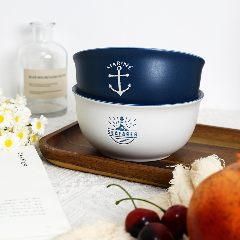 Nordic Ocean Style Blue Rice Bowl Simple Ceramic Noodle Bowl Soup Bowl Porridge Bowl Ceramic Household Personality Navigation Bowl