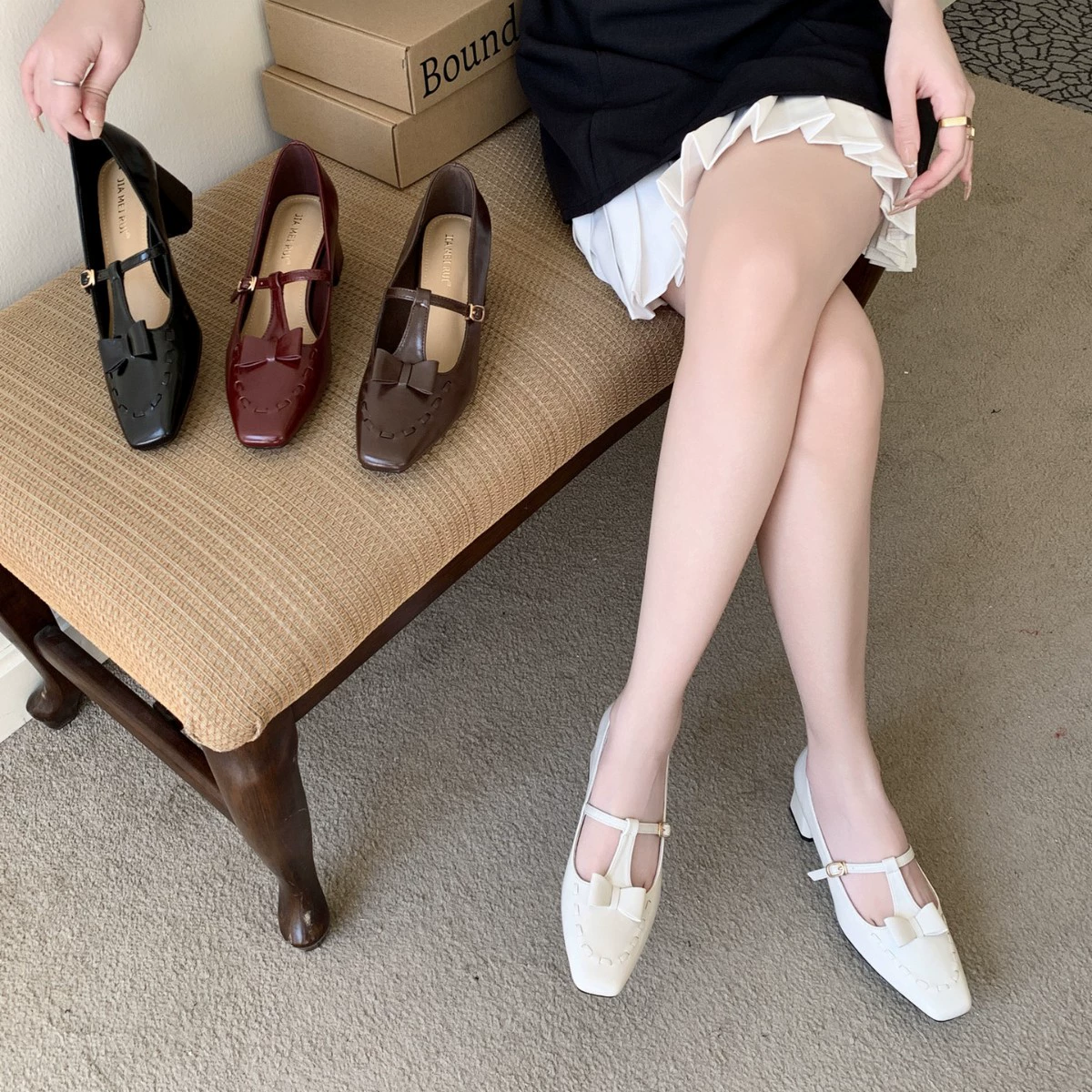Туфли Мэри Джейн на толстом каблуке с бантом и Т-образной пряжкой, весна 2025, новые туфли в стиле JK, корейский стиль, квадратный носок, для женщин