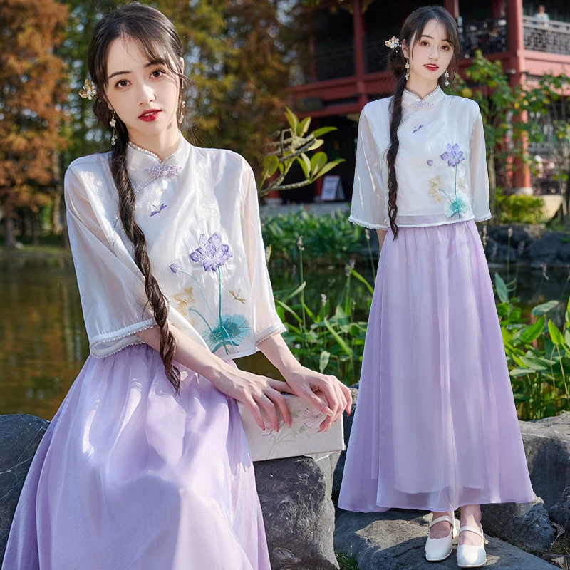 2025 новый летний новый китайский стиль улучшенный тяжелый промышленная вышивка вертикальный воротник пряжка косой пиджак национальный костюм юбки